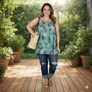 Torrid Size 1 Floral Chiffon Tank Top Teal Tropical Boho Sleeveless Blouse Plus